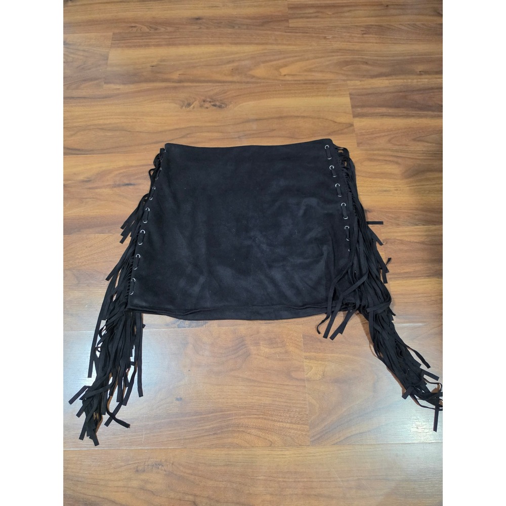 Forever 21 Mini Skirt Womens Small Black Fringe Faux Suede Grommet